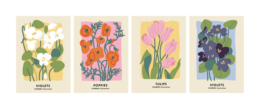 Vector illustration set of botanical posters different flowers. Art for for postcards, wall art, banner, background.