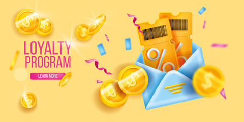 Loyalty program sale banner, 3D coupon voucher lucky ticket, special VIP customer offer background. Yellow discount gift card, envelope, flying golden coins. Online shopping web promotion 3D coupon