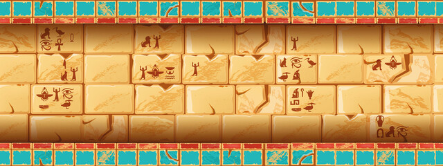 Egypt temple background, vector seamless pyramid tomb wall, stone pillar, clay bricks, gods silhouette. Game ancient palace scene, hieroglyphics mural signs, Anubis engraving. Egypt temple border