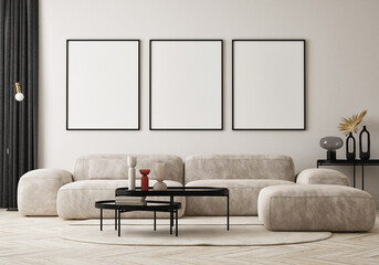 mock up poster frame in modern interior background, living room, Scandinavian style, 3D render, 3D illustration - obrazy, fototapety, plakaty