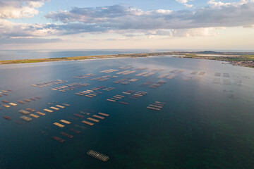 Aerial view of the oyster farm in Étang de Thau (Lake Thau) in the south France
