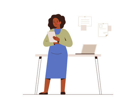 African American pregnant business woman works from office or home. Black young mother holds a tablet and uses it for planning or online meeting. Professional occupation during pregnancy. Vector