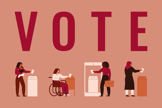 Women vote in different ways: by mail, in person, by phone online. Mother with baby, businesswoman, female with disability put election ballot into box. Vector illustration