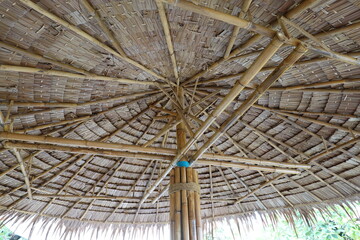 Main bamboo structure with dried palm leaves.  Roof top of dried palm trees
