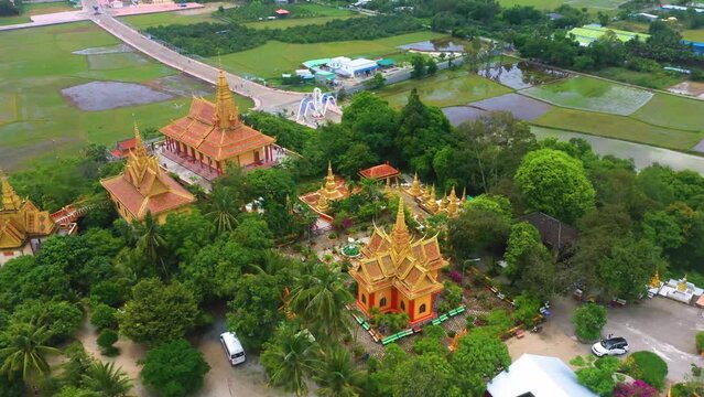 Aerial view of Ta Pa pagoda in Ta Pa hill, Tri Ton town, one of the most famous Khmer pagodas in An Giang province, Mekong Delta, Vietnam.