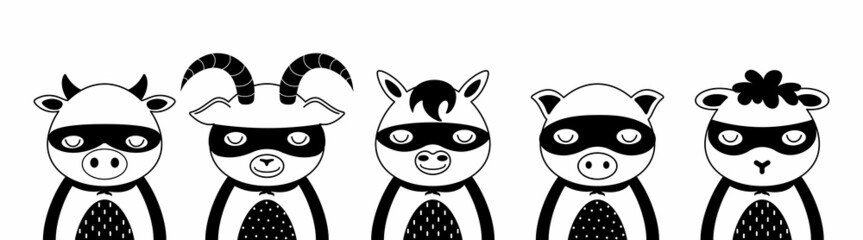 Cute super hero character animals. Desing for kids t-shirts, nursery decoration, greeting cards. Cute characters in scandinavian style. Black and white set of cow, goat, horse, pig, sheep.