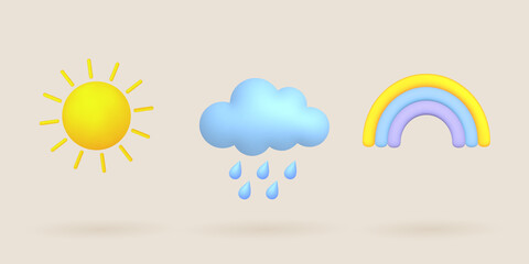 3d cartoon weather icons set. Sun, rainbow, cloud, rain.