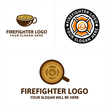 A set of illustration Firefighter emblem logo template with symbol floral coffee cup circle concept style vintage logo. Isolated on white background