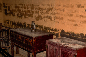 Old table and old teacup utensils in ancient Chinese architecture