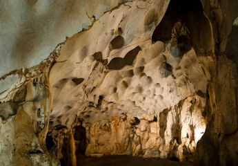 Close up photo of rock formations in Karain cave in antalya turkey.
