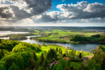 Beautiful landscape of Kashubian forests and lakes on a sunny day, Poland