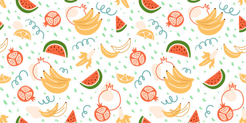 Fototapeta premium Picnic basket seamless pattern. Summer picnic food background. Cartoon summer outdoor party wallpaper. Outdoor leisure banner, card, print. Vector illustration. Garden party banner.
