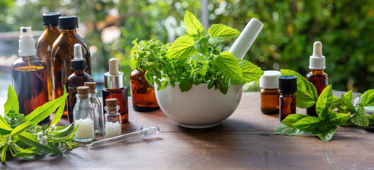 Herbal medicine, alternative heal. Nature pharmacy and homeopathy. Fresh herb in a mortar on table