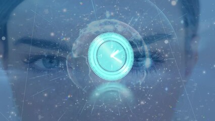 Animation of clock moving over data, connections and globe over face of caucasian woman - Powered by Adobe