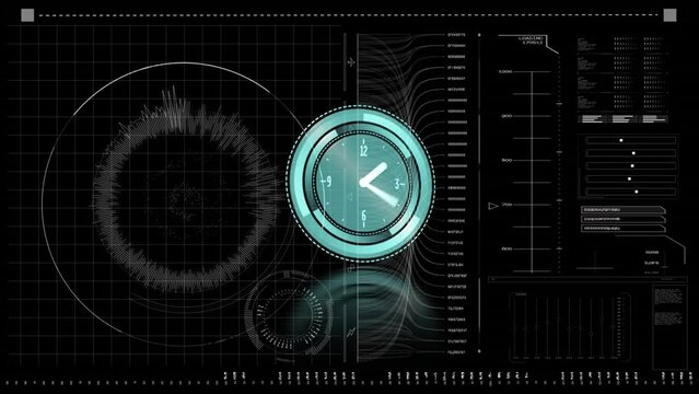 Animation of clock moving over data on black background
