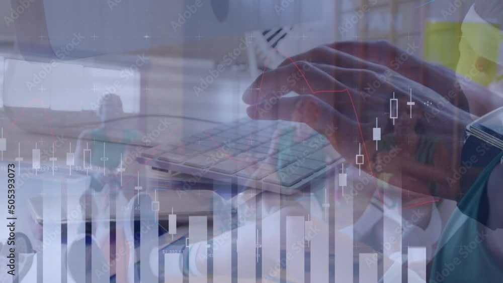 Poster animation of financial data processing and hands typing on keyboard over diverse basketball players