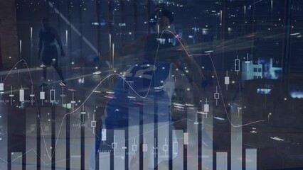 Animation of financial data processing over cityscape and diverse basketball players - Powered by Adobe