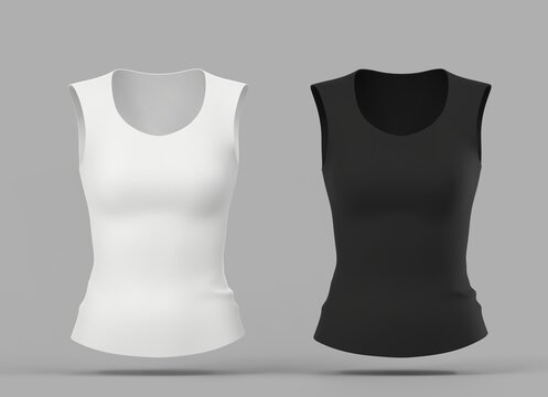 T-shirt mockup black and white female sleeveless, template tank top front view. Blank apparel design for women, sportswear, casual clothing isolated on grey background. Realistic 3d render mock up