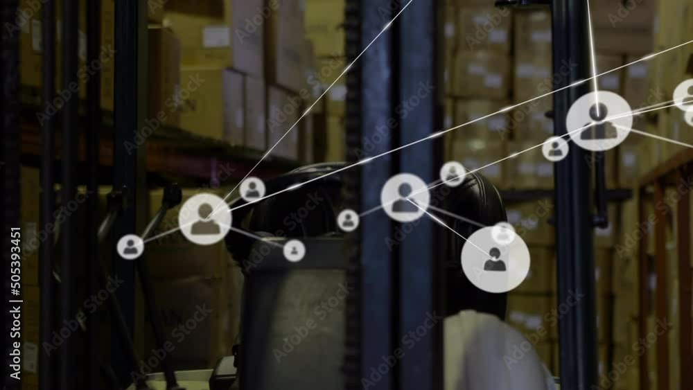 Poster animation of network of connections with icons over empty warehouse