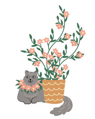 Cat with a blooming garden plant in a pot.  Flat style. Vector hand drawn illustration isolated on white background. Funny pet and houseplant.