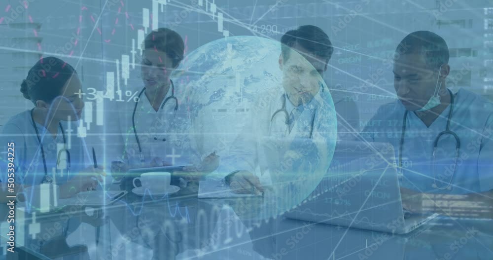 Poster animation of data processing and globe over diverse doctors