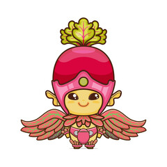 cute red radish character. vegetable and fruit mascot with leaf wings. illustration in kawaii style. suitable for animation, children's content and all ages. for making cute patterns, bg, gift wrap