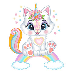 Cute kawaii kitten on a rainbow cartoon character vector illustration