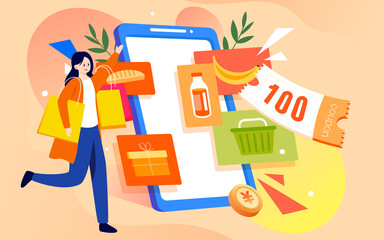 E-commerce shopping, girl pushing a shopping cart to buy items, vector illustration
