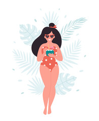 Woman with summer cocktail. Hello summer, vacation, summertime, summer party. Woman in retro swimsuit and retro glasses. Hand drawn vector illustration