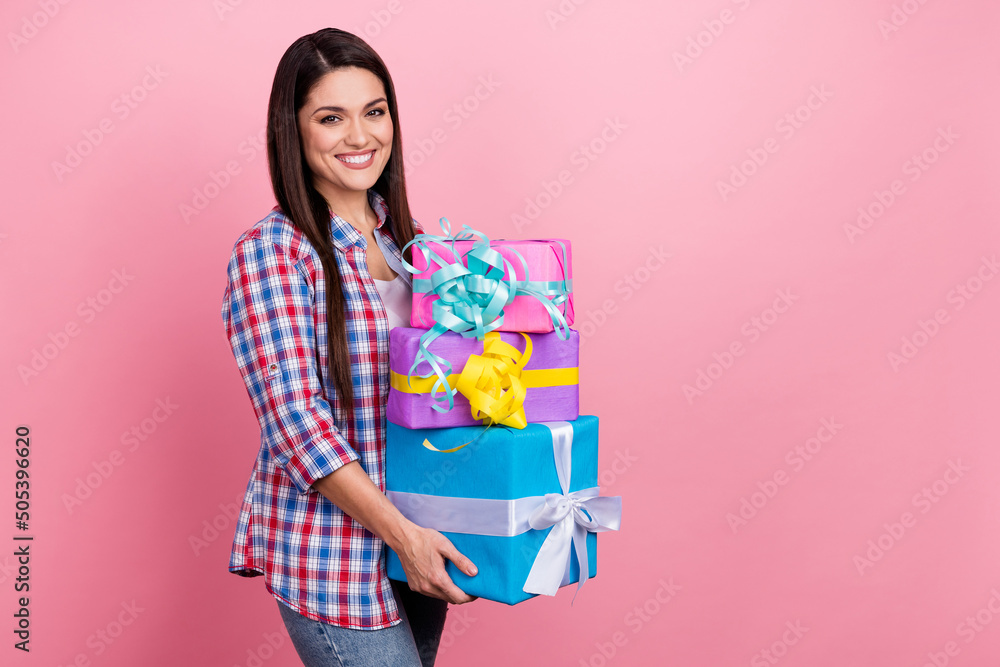 Sticker Profile photo of cheerful friendly person hold giftbox toothy smile isolated on pink color background