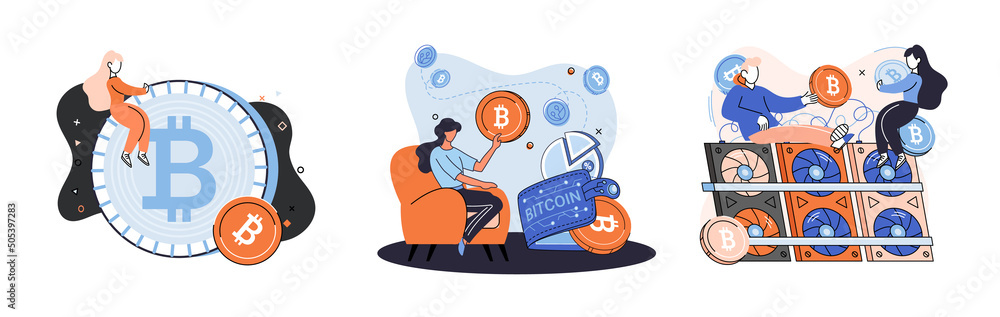 Poster cryptocurrency bitcoin mining metaphor blockchain exchange platform. cyber banking procedures, bitco