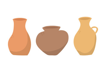 Set of hand drawn colorful vases or pots and jug. Doodle clay pottery collection. Isolated vector illustration 