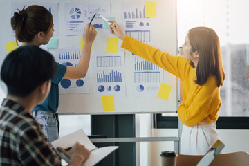 The meeting briefed the roadmap and presentations on business marketing growth and profits. Woman presenting while colleague writes a note.