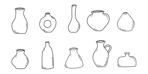 Set of hand drawn line art vases and pots. Doodle clay pottery collection. Isolated vector illustration  - obrazy, fototapety, plakaty