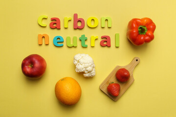 Healthy food natural vegetables in with inscription carbon neutral. Top view