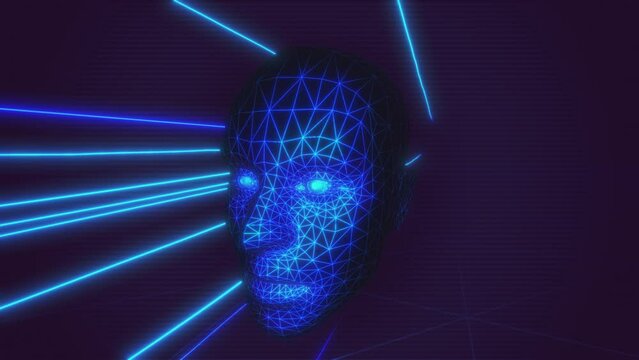 Retro Futuristic seamless background of a lowpoly geometric head and particles with glow effect
