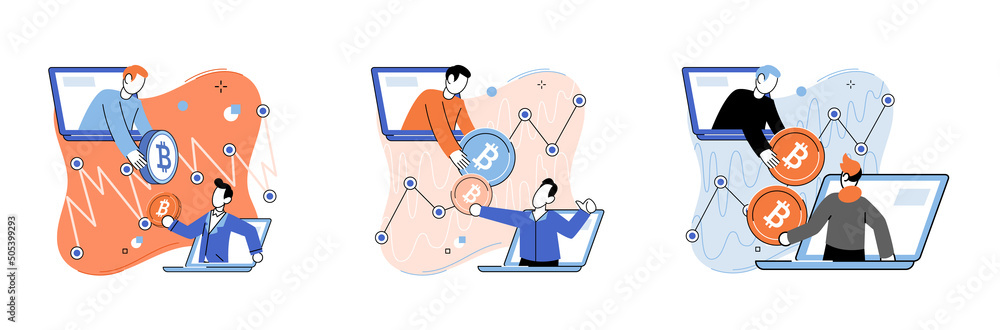 Poster cryptocurrency bitcoin mining metaphor blockchain exchange platform. cyber banking procedures, bitco