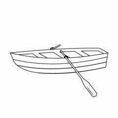 Wooden boat with oars, black outline, vector illustration on a white background. © Olesya
