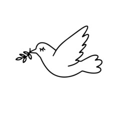 A pigeon dove flying leaf in its beak. Outline doodle hand drawing icon line sketch
