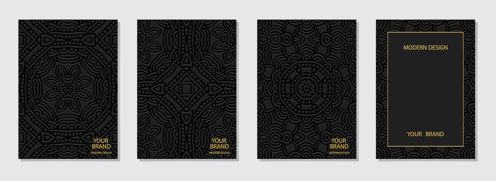 Cover design set, vertical templates, place for text. Collection of embossed black backgrounds in luxurious art deco style. Ethnic 3d pattern. Motives of the East, Asia, India, Mexico, Aztecs, Peru.