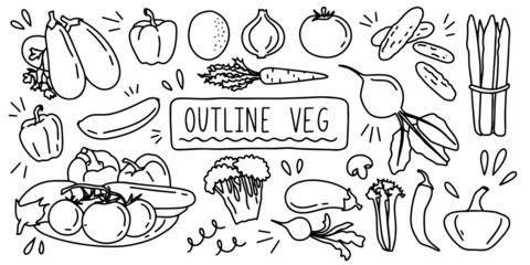 Variable fresh food healthy vegetables. Outline veg doodle hand drawing icon line sketch