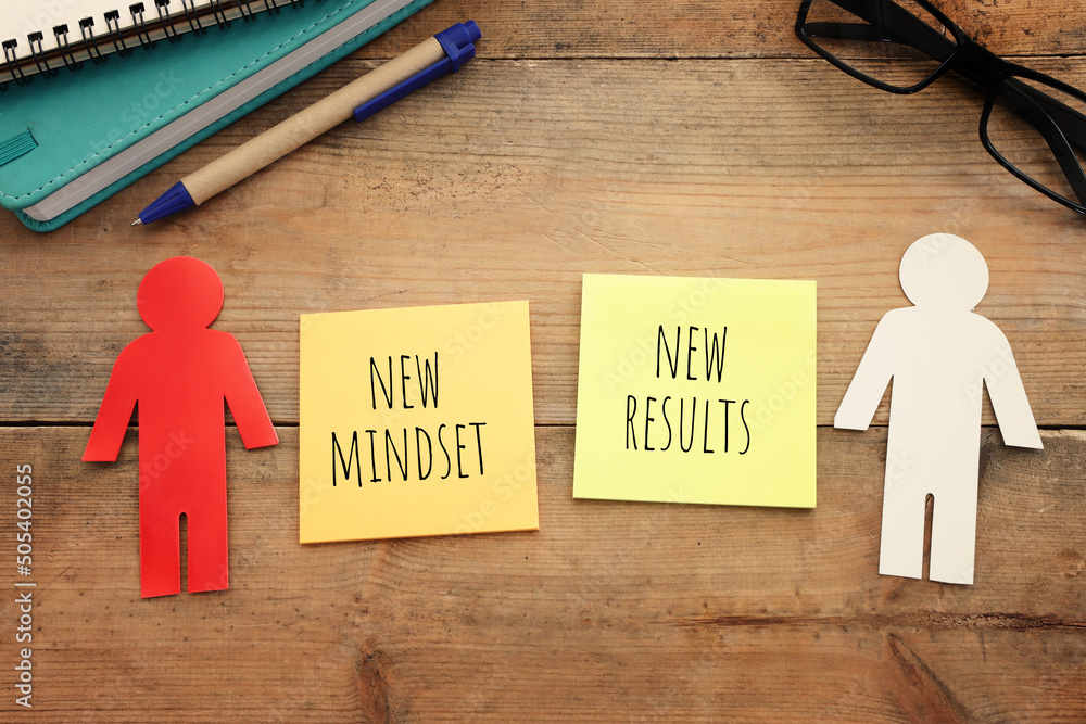 Poster top view image of table with notes and the text new mindset new results. success and personal develo