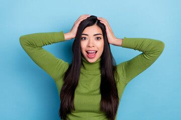 Portrait of attractive cheerful long-haired amazed girl good sudden news reaction isolated over...