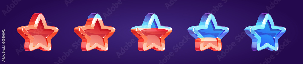 Poster game icon of rating star changing colors from red to blue. vector sprite sheet with rank button. car