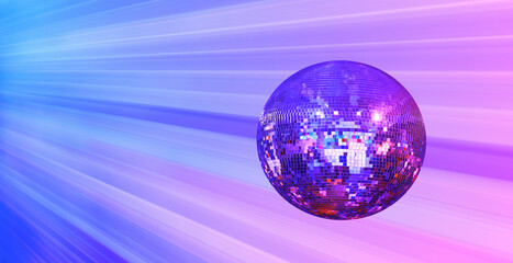 Party disco mirror ball reflecting purple lights