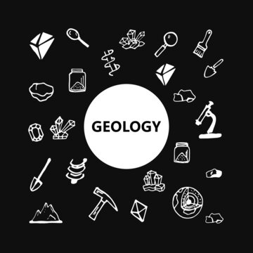 Geology. Hand drawn geology vector doodle set on black background black and white