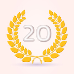 20 years anniversary laurel wreath 3d logo or icon. Jubilee, birthday badge, label design. 20th celebrating emblem. Vector illustration.