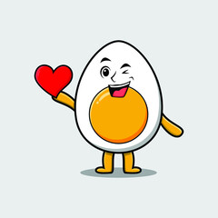 Cute cartoon boiled egg character holding big red heart in modern style design 