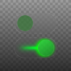 On Off toggle switches buttons isolated vector icons. Green light beam indicator. Modern web design mobile interface switch button elements. Vector illustration.