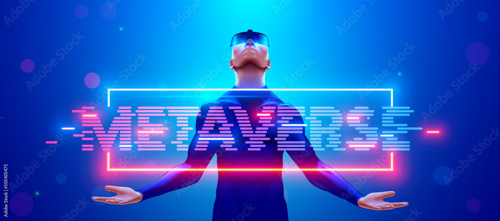 Aufkleber Man wearing 3d VR glasses in metaverse in virtual world simulation. Metaverse technology. Virtual reality headset for play VR games and internet entertainment. Word hanging over palms of user.
